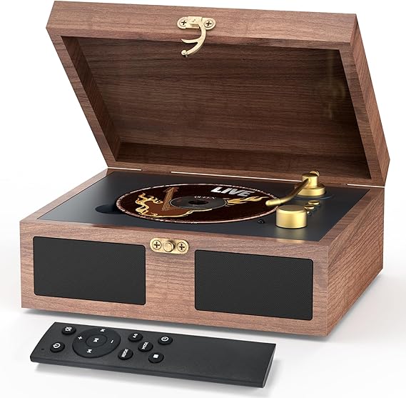 CD Player with Built-in Speakers, Portable with Bluetooth Input and Output, Nostalgic Desktop CD Player for Home, Music Box Player with Stereo Sound Remote Control, Brown