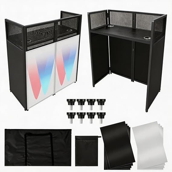 Portable DJ Facade Booth, Foldable DJ Table Station With White & Black Lighting Scrim,42 in L x46 in H x 25 in W DJ Stand Booth,With Adjustable DJ Event Facade Feet for Party, Black Metal Frame