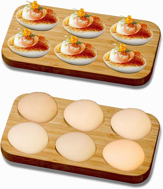 Deviled Egg Platter & Tray, Mini Bamboo 6-Holes Rectangular Wooden Egg Holder, Countertop Egg Holder, Small Easter Deviled Egg Carrier for Kitchen Countertops(7"x4"x0.6"H)