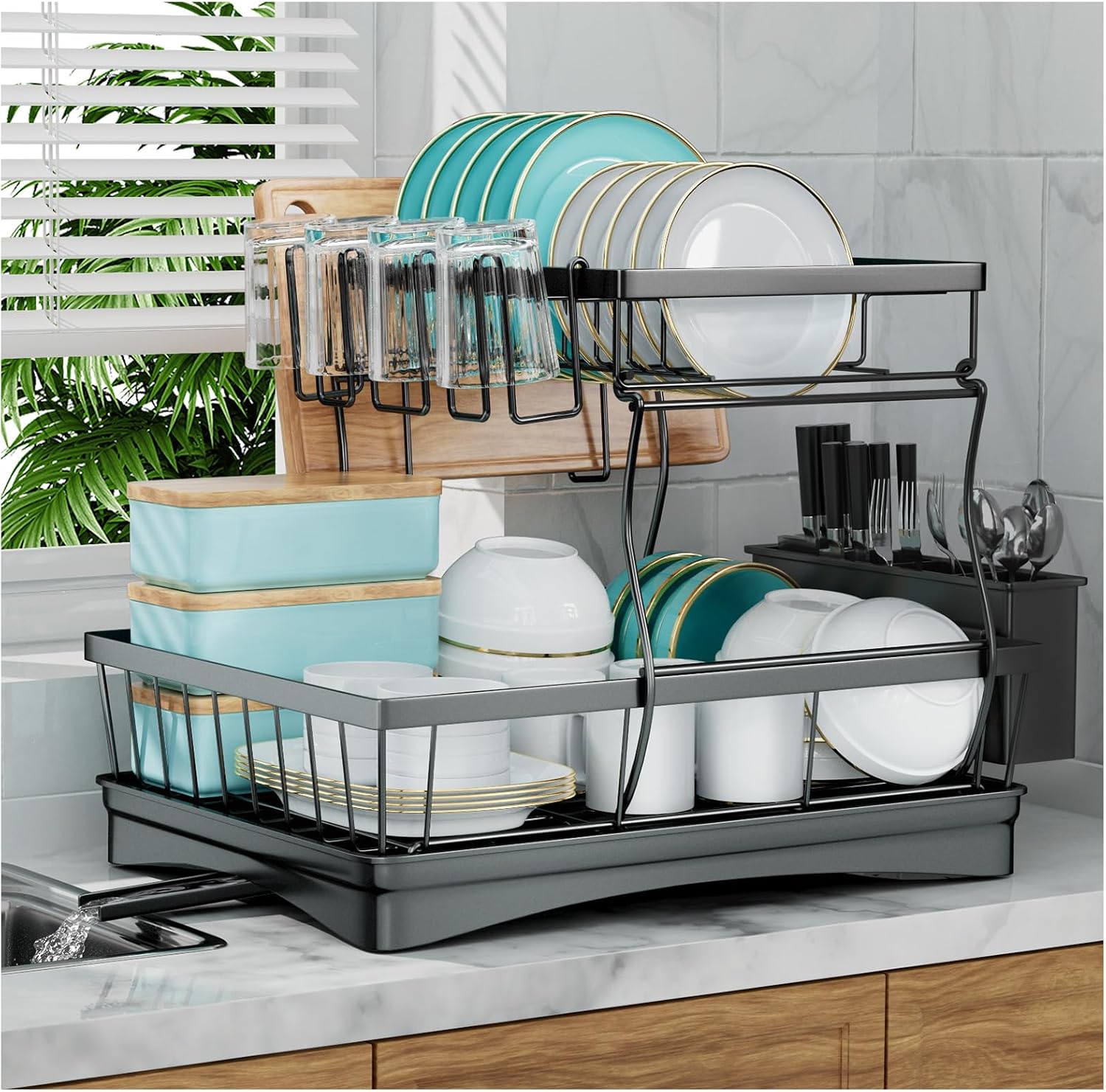 7 code Large Dish Drying Rack for Kitchen Counter,Detachable Large Capacity Dish Drainer Organizer with Utensil Holder,2-Tier Dish Drying Rack with Drain Board,Black