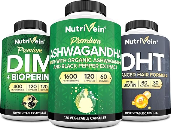 Nutrivein Premium DIM, DHT Blocker, Ashwagandha Supplements Bundle: Ashwagandha Root, DHT Blocker for Men & Women, Diindolylmethane - Hair, Mood, Balance