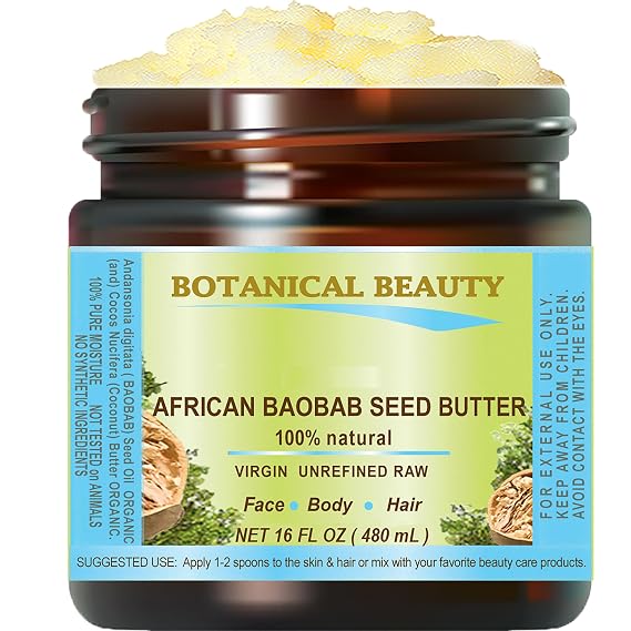 Botanical Beauty BAOBAB OIL BUTTER. 100% Natural RAW VIRGIN UNREFINED Cold Pressed for Face, Skin, Damaged Hair, Lips, Nails 16 Fl. oz. - 480 ml. Rich in Vitamin C