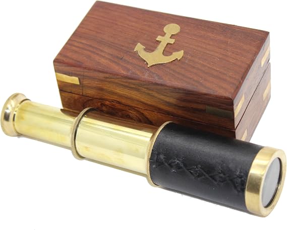 Govinda Handcrafted Nautical Spyglass - Brass and Leather 6 Inch Telescope with Rosewood Box - Gift for Maritime Enthusiasts and Kids' Telescopes Collectors