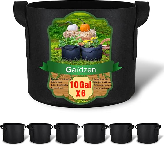 Gardzen 6-Pack 10 Gallon Grow Bags | 300G Thickened Nonwoven Fabric Pots with Handles, Heavy Duty Aeration Plant Bags for Gardening and Container Growing
