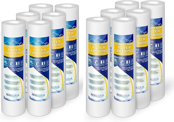 Sediment Water Filter Cartridge by Ronaqua 10"x 2.5", Four Layers of Filtration, Removes Sand, Dirt, Silt, Rust, made from Polypropylene 6 Pack, 1 Micron, 6 Pack, 50 Micron