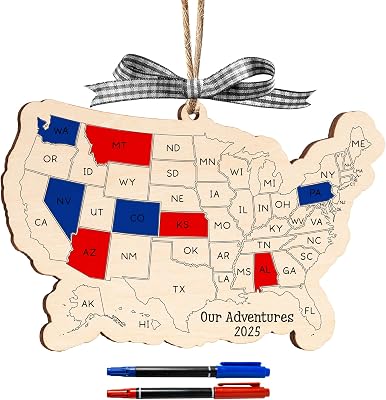 2025 Personalized US Travel Map Ornament, Ideal for Tracking Travel Memories, Marking Your Adventures, Wooden United States Map Tracker, Christmas Vacation Ornaments for Tree Hanging Decorations