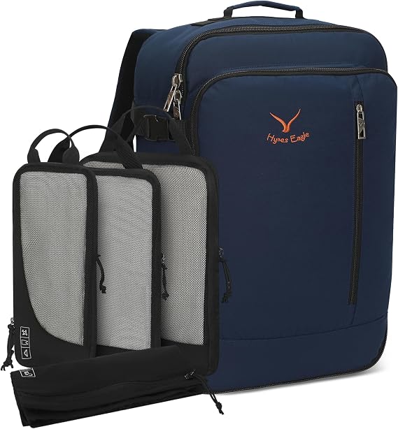 Hynes Eagle Carry on Backpack 38L Large Travel Backpack Women Flight Approved Weekender Bag Men Laptop Bag 15 inches Dark Blue with Compression Packing Cubes Set 4PCS Black