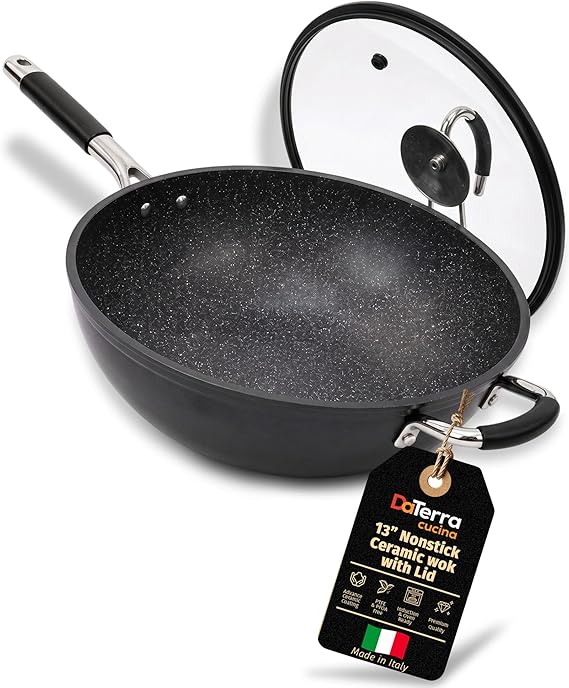 DaTerra Cucina - 13" Nonstick Ceramic Wok with Lid - Made in Italy - High Heat Resistant Nonstick Cookware - Oven & Induction Safe, PTFE, Cadmium, Lead & PFOA free - Volcanic Black Speckled