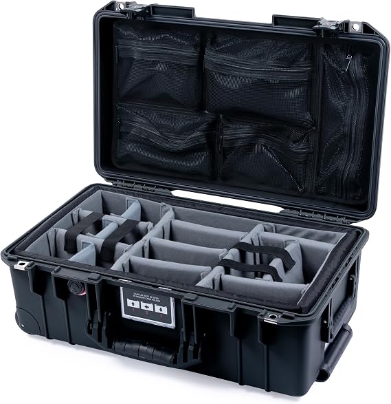 Pelican Air 1535 Carry-on Case by ColorCase - Black - Medium Size Waterproof Case with Gray Padded Microfiber Dividers & Mesh Lid Organizer - Black Handles & TSA Locking Latches
