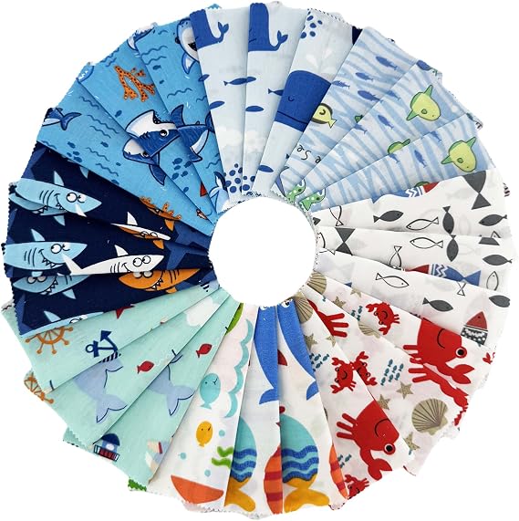 5 Inch Ocean Charm Packs Fabric Squares 5x5,Quilting Cotton Fabric Bundles Fish Patterns Precut Pathwork for Bay Boy Kids(Ocean Theme).