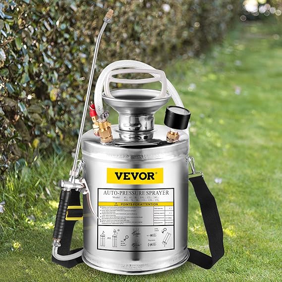 Happybuy 1 Gallon Stainless Steel Pump Sprayer, 12 Wand & 3FT Reinforced Hose, Pressure Gauge, Safety Valve & Adjustable Nozzle, Garden Weed Sprayer for Lawn, Gardening, Sanitizing