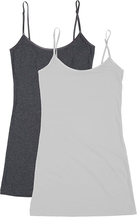 Bozzolo RT1002 PK Ladies Adjustable Spaghetti Strap Long Tank Top 2Pack - H.Charcoal/Grey S