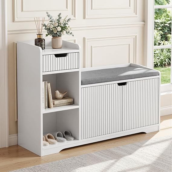 BonVache Storage Bench White Shoes Cabinet, 3 Space for Storaging Shoes, and 1 Drawer for Hallway, Living Room