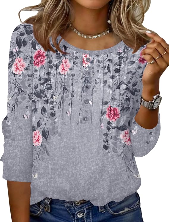Zeagoo 3/4 Length Sleeve Womens Tops Round Neck Casual Summer Tunic Tops Basic Tees Blouses Dressy T-Shirts Pleated Shirts