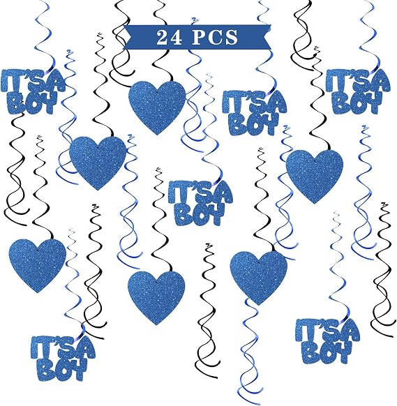 Maicaiffe It's a Boy Hanging Swirl Decorations - Glitter 24 Pcs Gender Reveal Party Supplies - Baby Shower Streamers - Welcome Baby Boy 1st Birthday Party Foil Swirls Ceiling Decorations