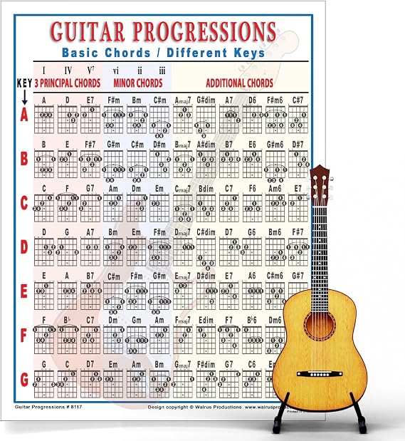 Walrus Productions Mini Guitar Chord Chart Poster - Laminated Guitar Progressions Chord Poster for Beginners and Musicians - Guitar Chord Trainer - Acoustic Guitar Accessories - 8.5" x 11"