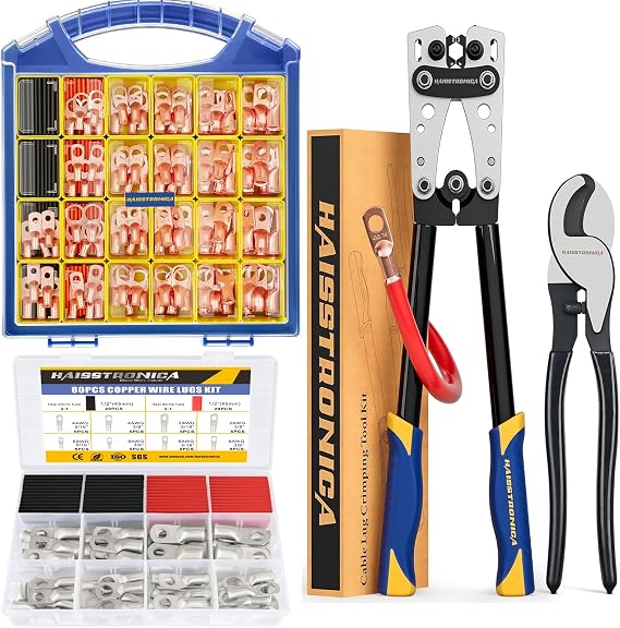 haisstronica Battery Cable Lug Crimping Tool+220PCS Battery Cable Ends Kit+80PCS Tinned Copper Wire Lugs