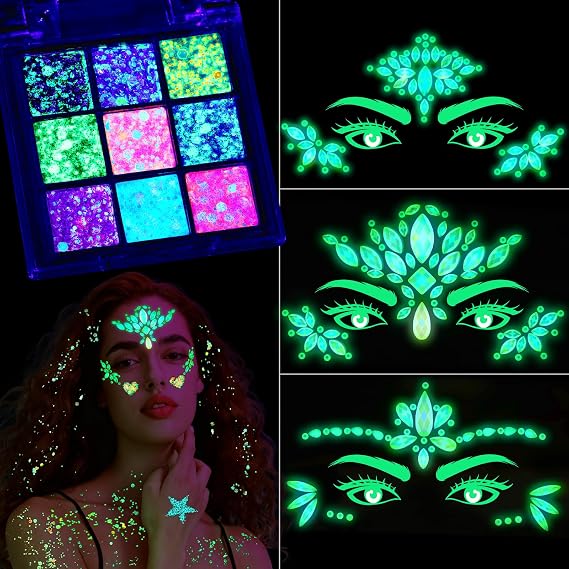 YGDZ Glow in The Dark Face Glitter, Hair Body Glitter Gel, Face Jewels Stick On for Women, Festival Carnival Outfits, Mermaid Costume for Halloween Makeup, Rave Accessories for UV Black Light Party