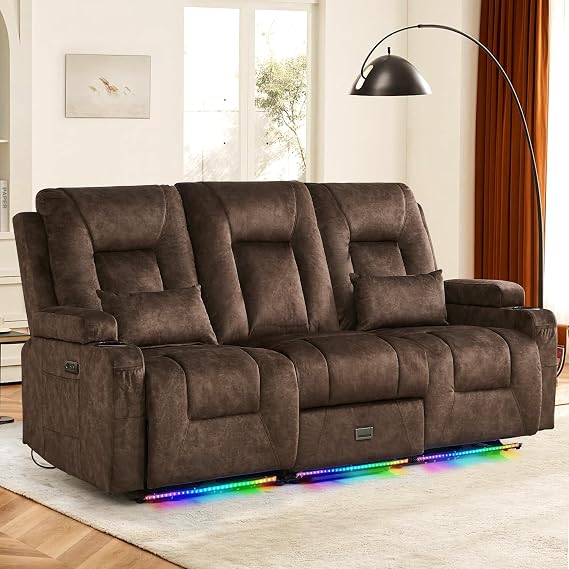 Houjud Wall Hugger Power Recliner Sofa, 3-Seater RV Couch Reclining Sofa with LED Lights, USB Ports, Cup Holders, Side Pockets, Outlets, Drawer for Living Room and Home Theater, Velvet, Brown