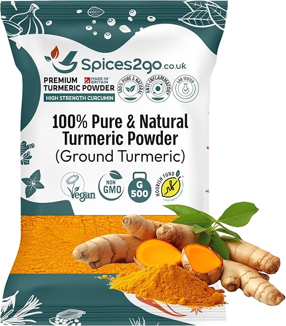 Spices2Go Premium Turmeric Powder - 100% Pure Turmeric Ground, Curcumin, Holud | Haldi | Haldar | Haladi, Long Shelf Life, GMO-Free, Made In Britain, Haldi, Tumeric (500G)