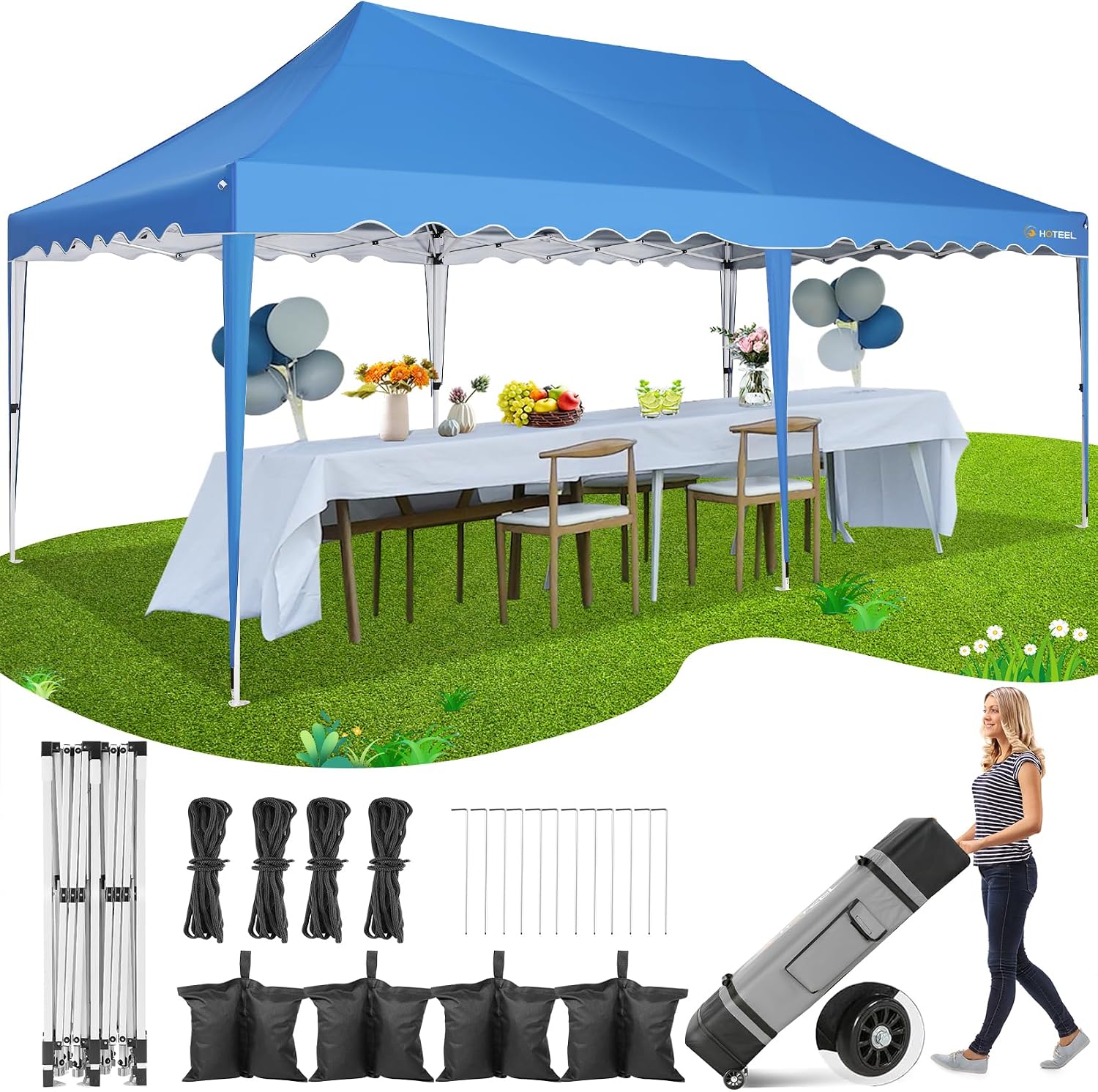 HOTEEL 10x20 Pop Up Canopy, Easy Up Outdoor Party Tent with Wheeled Bag & Curled Edge, 20% Thicker Cross Tubes, Canopy Event Tents for Parties, Wedding, Backyard, Camping, Blue