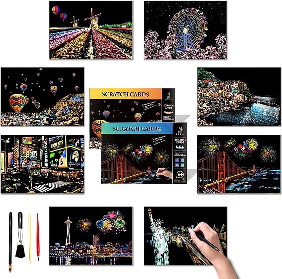 DESINIK Rainbow Scratch Painting Art for Adults -Scratch Painting Foil Art for Adults, Scratchboard Kit(A4) with 4 Tools & 8 Sheets, Creative Gift Idea for Holidays(America&Europe)