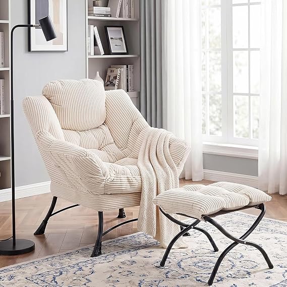 Lazy Chair with Folding Ottoman, Comfy Accent Sofa Armchair with Armrests and a Side Pocket, Upholstered Reading Armchair with Footrest for Small Spaces, Bedroom, Living Room, White