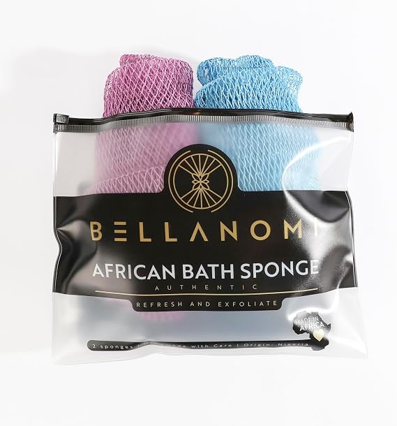 BELLANOMI African Exfoliating Net Sponge 2-Pack Sapo Authentic & Ethically Sourced, 45" Long Back Scrubber, Quick-Dry 100% Nylon, Gentle Exfoliation Great for Daily Use (Lilac & Baby Blue)