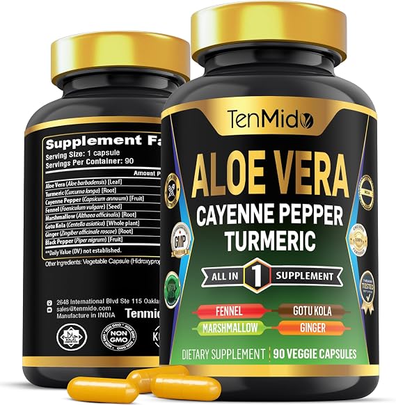 Aloe Vera Capsules Supplement - 8in1 Formula - Combine with Turmeric, Cayenne Pepper, Marshmallow, Fennel, Gotu Kola, Ginger, and Black Pepper - 90 Capsules for 3 Months Supply