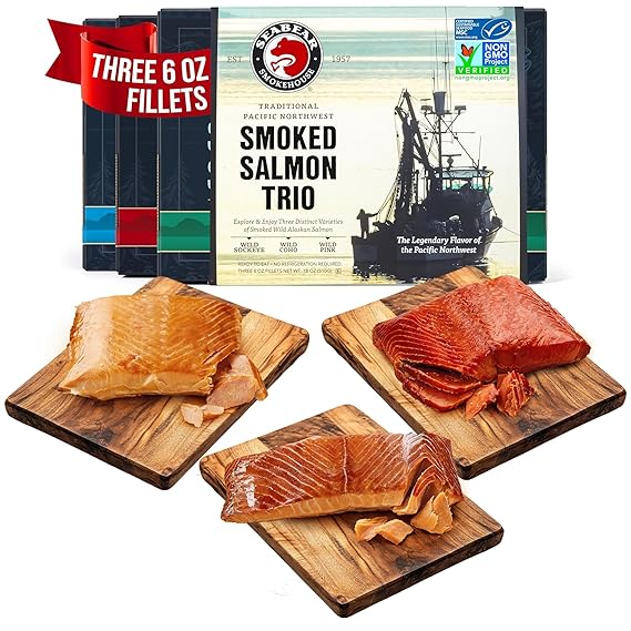 SeaBear Smoked Salmon Trio 18oz 3 x 6oz Fillets Gift Box Wild Alaska Sockeye, Wild Pink & Coho Fillets, Shelf Stable, Ready to Eat, 18 Ounce 3 x 6 Ounce Filets