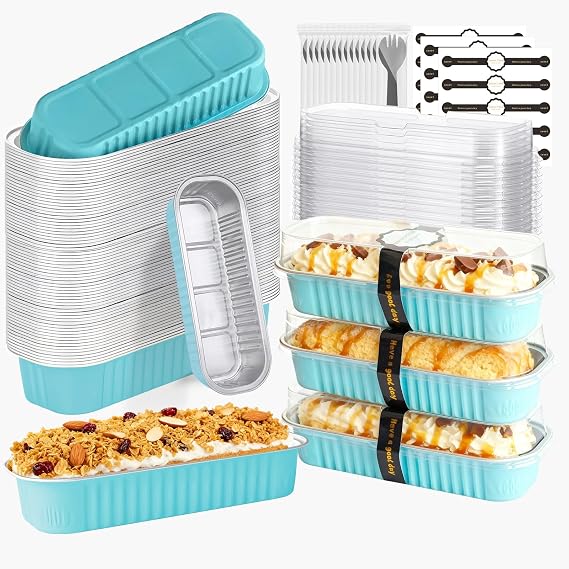 50 Pack Mini Cake Pans with Lids and Spoons, Mini Loaf Baking Pans 6.8oz, Small Disposable Aluminum Foil Loaf Pans, Rectangular Baking Containers for Party and Picnics, Cheesecake Pans (Blue)