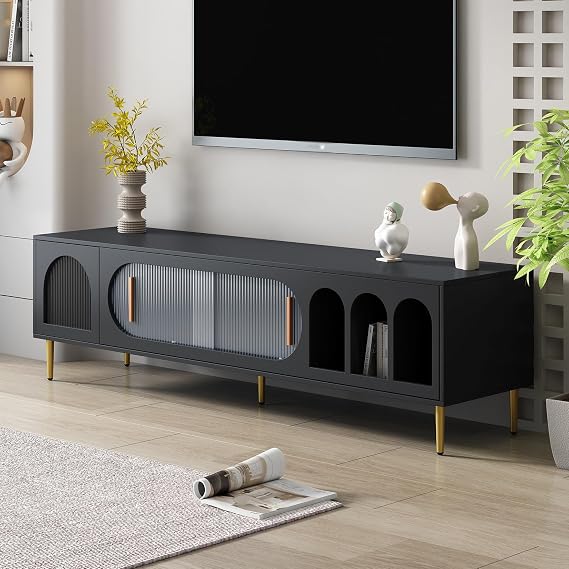 TV Stand Wood Entertainment Center Media Console TV Cabinet for 80+inch TV, Stylish TV Console Table for Living Room, Black