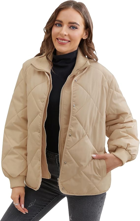 Lumister Womens Diamond Puffer Jacket Snap Closure Zipper Stand Collar Winter Quilted Lightweight Jacket