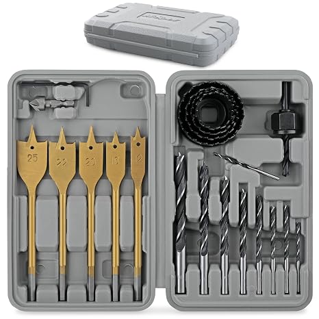 Hi-Spec Wood Hole Saw, Brad Point and Spade Drill Bit Set with Case
