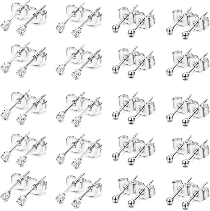 ORAZIO 6-20 Pairs Stainless Steel 2mm Tiny Stud Earrings For Mens Womens CZ Stud Ball Earrings Set (G: 20 Pairs, Silver-tone)
