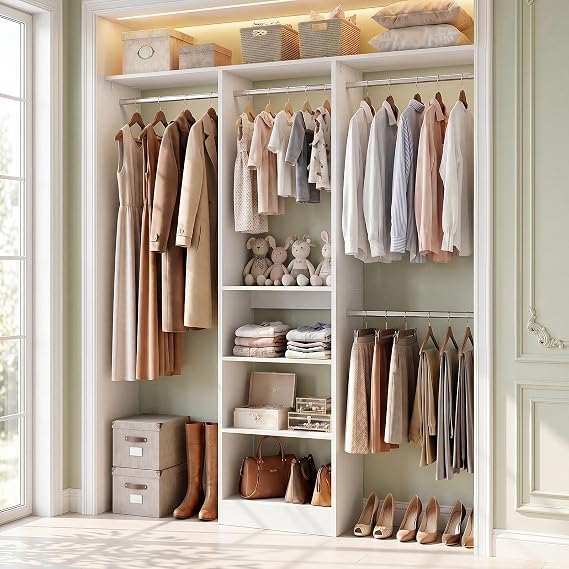Besiost 4FT Small Closet Organizer System with 4 Hanging Rods & 3 Shelves