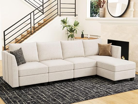 Belffin Chenille Modular Sectional Sofa with Storage L Shaped Couch with Chaise for Living Room, Beige