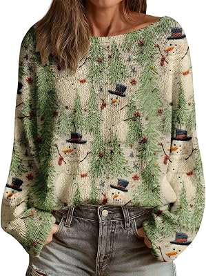 CRNTCEM Womens Vintage Christmas Knitted Sweater Oversized Ugly Xmas Snowflake Printed Funny Holiday Crewneck Casual Jumper