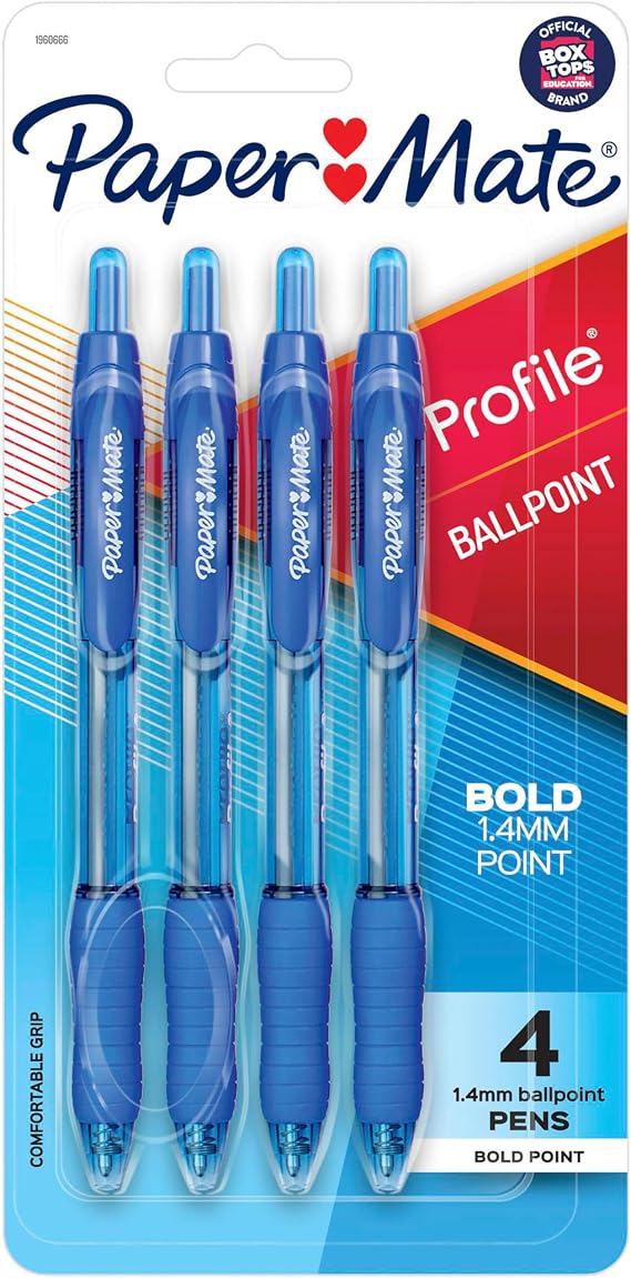 Paper Mate Profile Retractable Ballpoint Pen, Bold Point, Translucent Barrel, Blue Ink, 4 Count