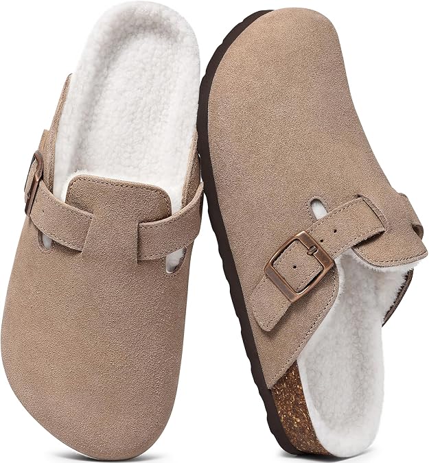 KIDMI Women's Fur Lined Genuine Suede Clogs Fuzzy Cork Footbed Potato Shoes