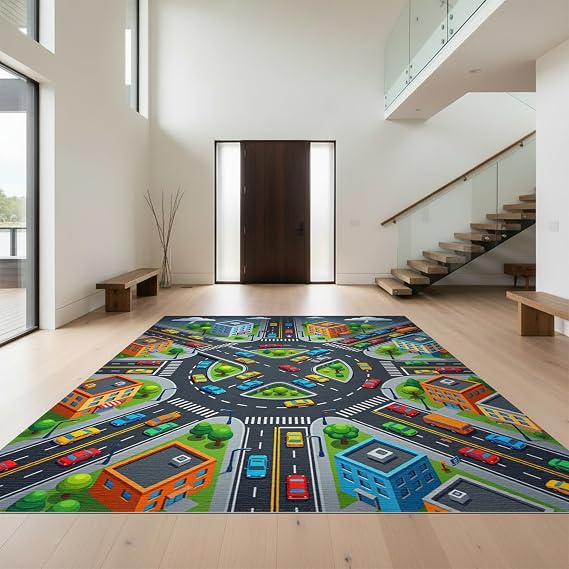 Design&I 3'x5' Emerald City Streets and Charcoal Highways Washable Throw Rug