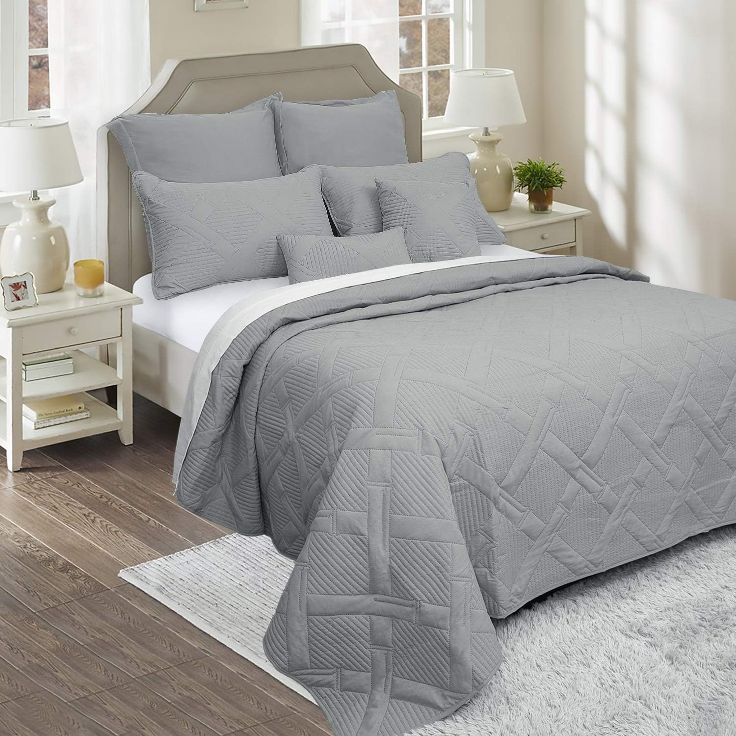 Marquess 7 Piece Queen Charcoal Bedspread Coverlet Set, Quilted Reversible Comforter Set for Bedding Room, Breathable & Soft Blend Microfiber Cover Set, Interlaced Embossed Design All Season