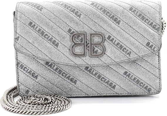 Pre-Loved BB Chain Wallet Quilted Embroidered Glitter, Silver
