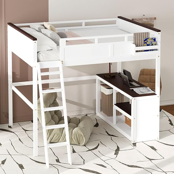 Bellemave Loft Bed Queen Size, Queen Loft Bed with Desk, Open Shelf and A Storage Box for Teens, Adults & Small Bedrooms, White