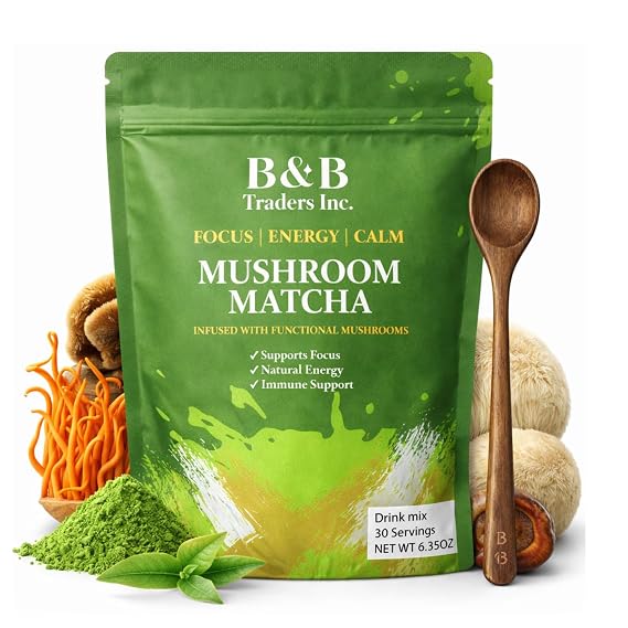 B&B Mushroom Matcha Powder, Ceremonial Grade with 6 Fruiting Body Mushrooms | Japanese ceremonial grade matcha with 6 fruiting body mushrooms - Lion's Mane, Cordyceps, Chaga - blended with coconut milk