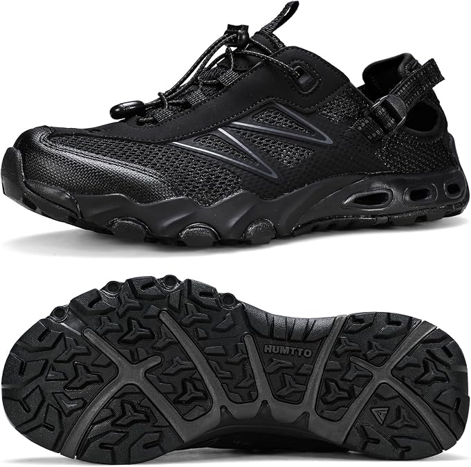 HUMTTO Water Shoes Men, Quick Dry Outdoor Sports Barefoot Shoes Non-Slip Aqua Hiking Sandals for Summer Swimming, Surfing, Kayaking, Diving Pool, Beach, Lake & River All Black 7.5