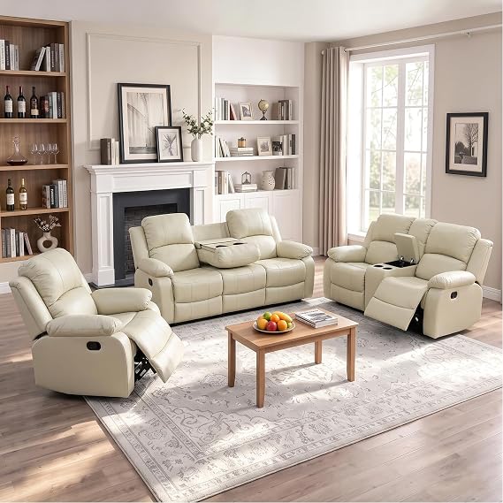 Leather Recliner Sofa Set,Leather Reclining Couch for Living Room Furniture Sets,Beige Recliner Couch with 5 Recliners for Living Room/Office/Theater Seating(Sofa Set 3 Pieces)
