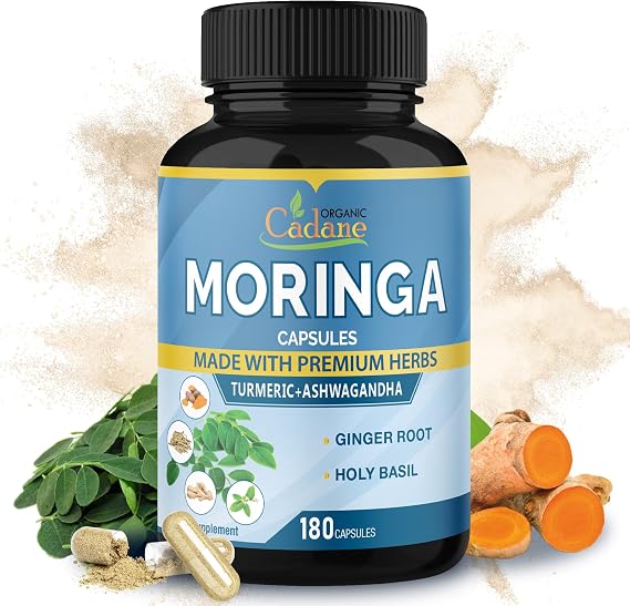 Cadane Moringa Extract Capsules, 6 Months Supply with Ashwagandha Root, Tulsi, Ginger, Turmeric - 180 Capsules