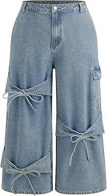 CIDER Baggy Jeans for Women Low Waisted Wide Straight Leg Bow Jeans Denim Pants