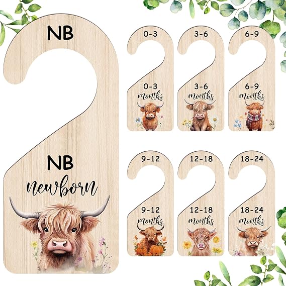 RattanView 7 Pcs Highland Cow Baby Closet Dividers for Clothes Organizer Double Sided Wooden Nursery Closet Dividers for Baby Boy Girl Newborn to 24 Months Home Nursery Supplies